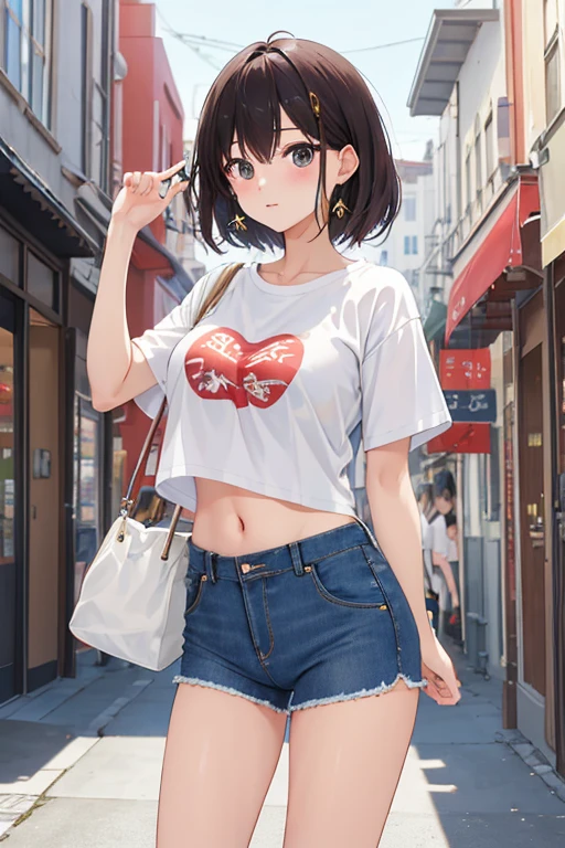 beautiful girl、In town、Unzip the denim hot pants、White belly button exposed T-shirt