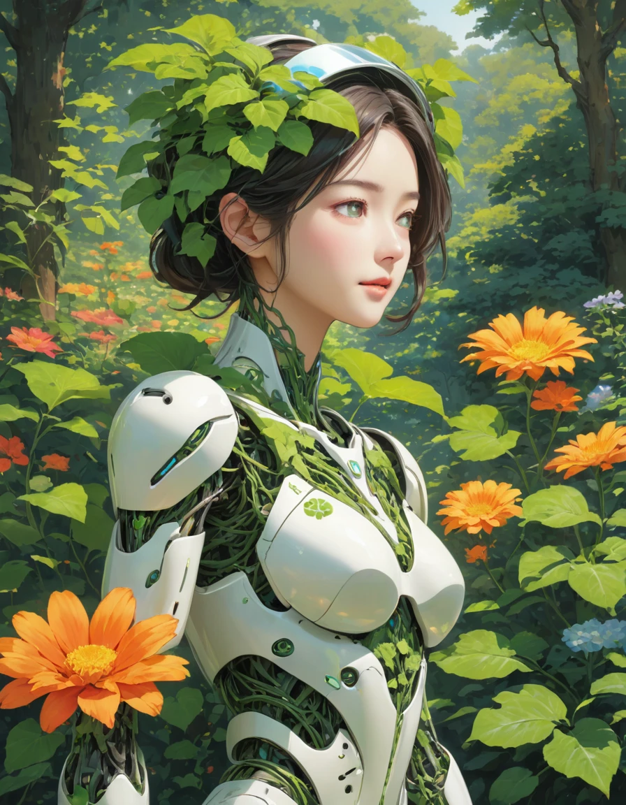 Imagine a futuristic robot with an organic, plant-based design. The robot's body is a seamless blend of sleek metal and lush green plant elements, where the joints and limbs are made of intertwined vines and leaves. Its exterior features a delicate network of glowing bioluminescent veins that pulse with a soft, natural light. The head of the robot resembles a flower, with petals forming a visor and sensors hidden within, giving it a serene and expressive face. The robot is surrounded by a garden-like environment with blooming flowers and verdant foliage, seamlessly integrating technology and nature. Its movements are graceful, akin to the swaying of plants in the breeze, as it tends to the garden and interacts with the natural world around it.