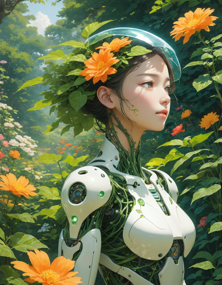 Imagine a futuristic robot with an organic, plant-based design. The robot's body is a seamless blend of sleek metal and lush green plant elements, where the joints and limbs are made of intertwined vines and leaves. Its exterior features a delicate network of glowing bioluminescent veins that pulse with a soft, natural light. The head of the robot resembles a flower, with petals forming a visor and sensors hidden within, giving it a serene and expressive face. The robot is surrounded by a garden-like environment with blooming flowers and verdant foliage, seamlessly integrating technology and nature. Its movements are graceful, akin to the swaying of plants in the breeze, as it tends to the garden and interacts with the natural world around it.
