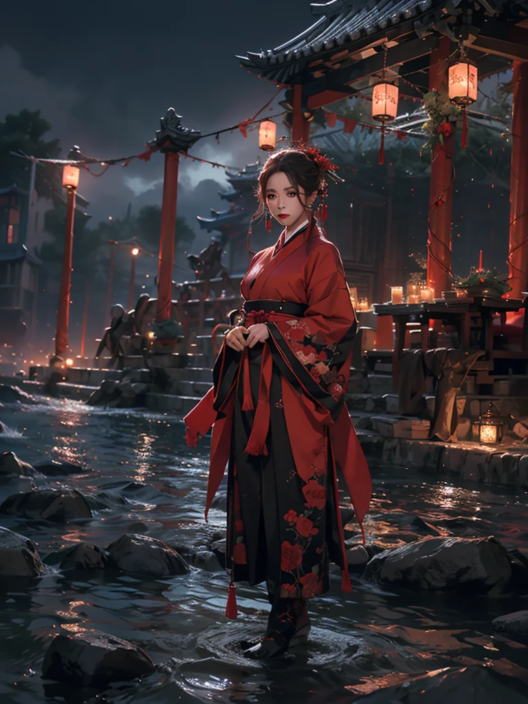 (zwd),1lady standing,full body,(looking at the viewer:1.5),detailed face,detailed eyes,dramatic lighting,red theme,hanfu,tang style,scenery,outdoors,solo,architecture,monster,night sky,night,