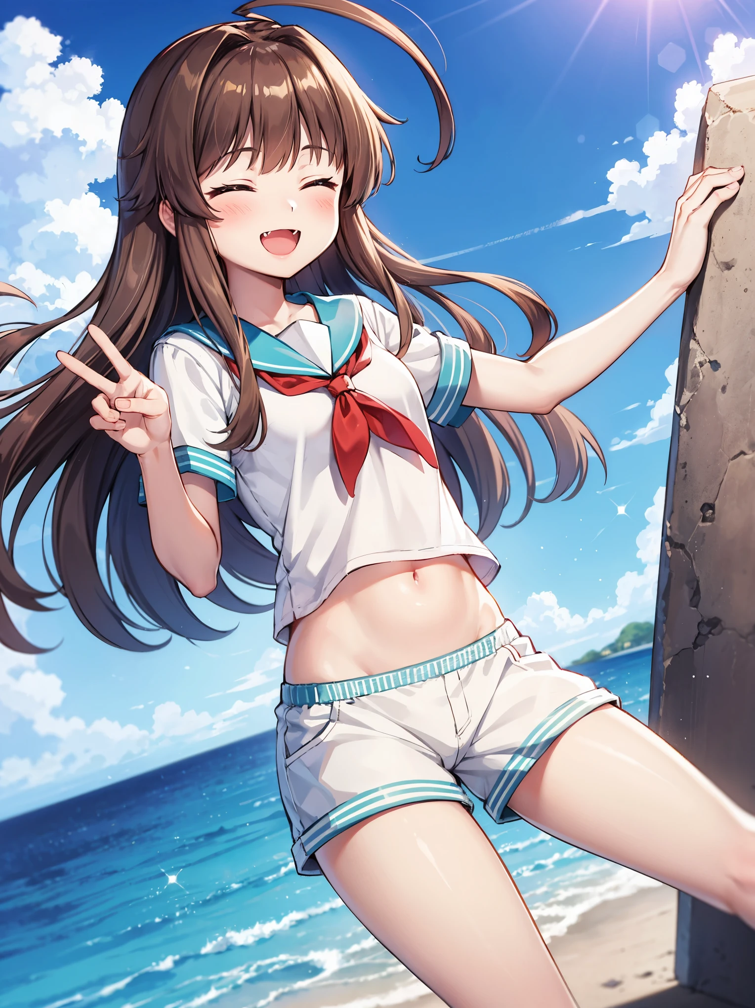 1young_teen_ girl, brown_hair, long_hair, sailor_uniform,white_ baggy_shorts, short_sleeve, thighs, small_breasts, big_smile, open_mouth, fang, harbor_landscape_background, slightly_spread_legs, happiness, covered_crotch,ahoge,XD,exciting_posing,closed_eyes