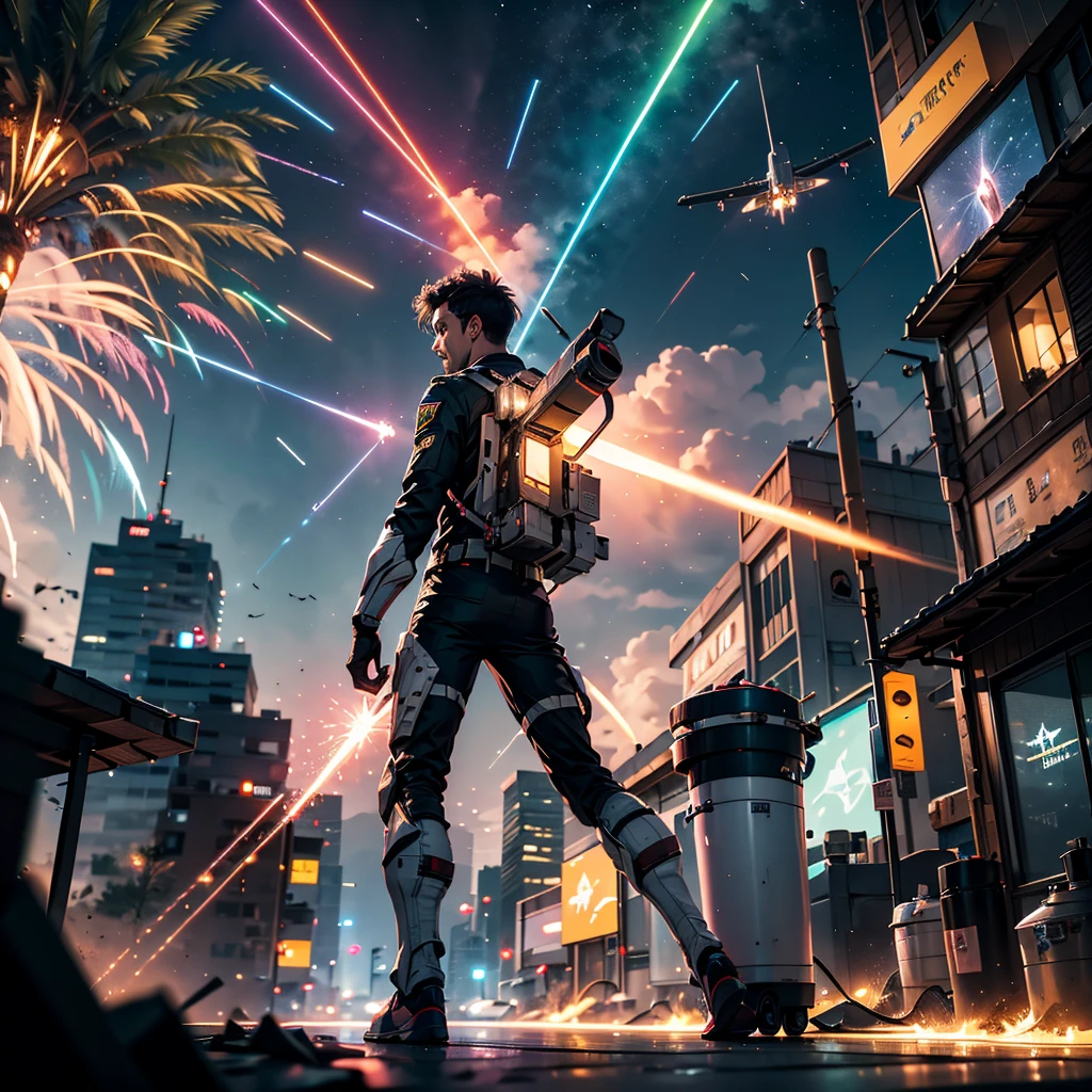 flying toilet, behind him are multi-colored rays from rockets, lasers and shots against the background of war in the night city