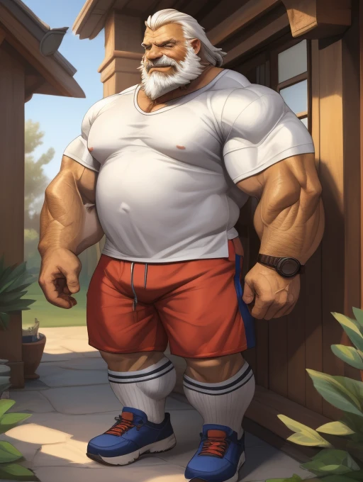 a potrait, half body, semirelistic:1.2, masterpiece, detailed face, muscular old man in front house, old man, thick arm, huge arm, bearded. white hair and beard, bearded, muscular, pectoral, wide pectoral, realistic, 8k, masterpiece, (wearing shorts and white shirt:1.3, shoes), smile