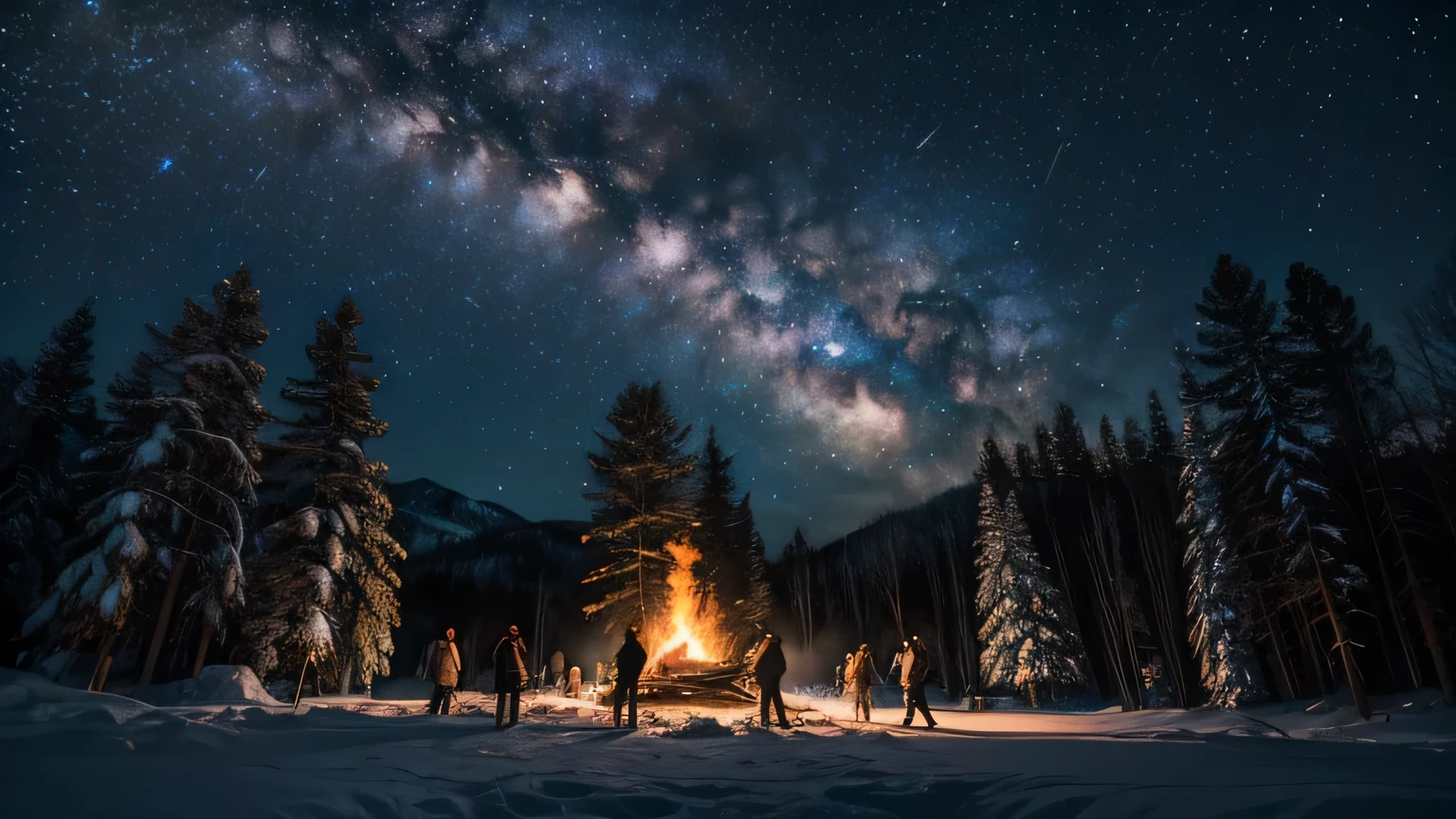 Dramatic lighting, close-up view, Milky Way looking bright above a snow covered forest, a hundred people dancing and celebrating, laughing, a party up close, with a huge bonfire, embers floating up into the sky