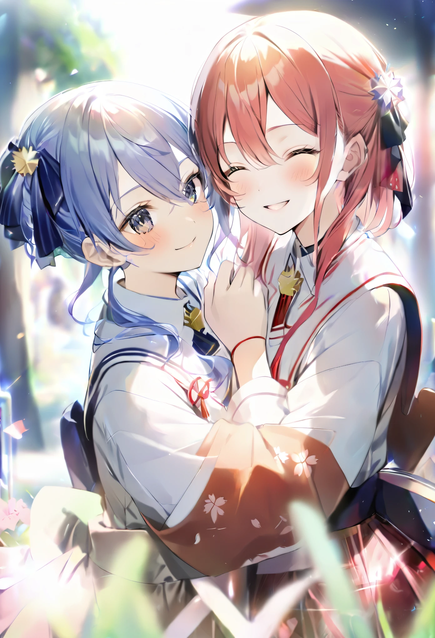 (((2girls))), together, two people, masterpiece, best quality, integrated scenery, integrated background, extremely delicate and beautiful, meticulous details, good composition, closed_eyes, cute face, perfect face, perfect hands, fingernails, sakura miko, SakuraMiko, HoshimachiSuisei, hoshimachi suisei, blurry background, sunlight, light blush, ((school)), upper body, looking each other, smile, , (hugging each other),in_school,sunlight,kissing,happiness,light up