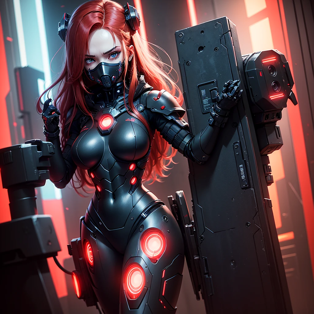 View from below, angle from below, flat horizon photo, Girl android , she has long red hair, she has a mask on her face, a respirator, a woman with sexy hips, half cyborg, nanotechnological modifications. Beautiful face, black metal cybernetic android robot body in black color, with red lines of indicators and diodes with many red parts, cybernetic armor with a red glow from under the joints and joints, she has blue eyes and stands tall , frame with a flat horizon, Anime Style Photography , Red Lasers, black background Cyberpunk style, the camera films Her from below, lower angle of photography, black background image of a night black city and red neon lights, red lamps, red lighting, red flashes in the background