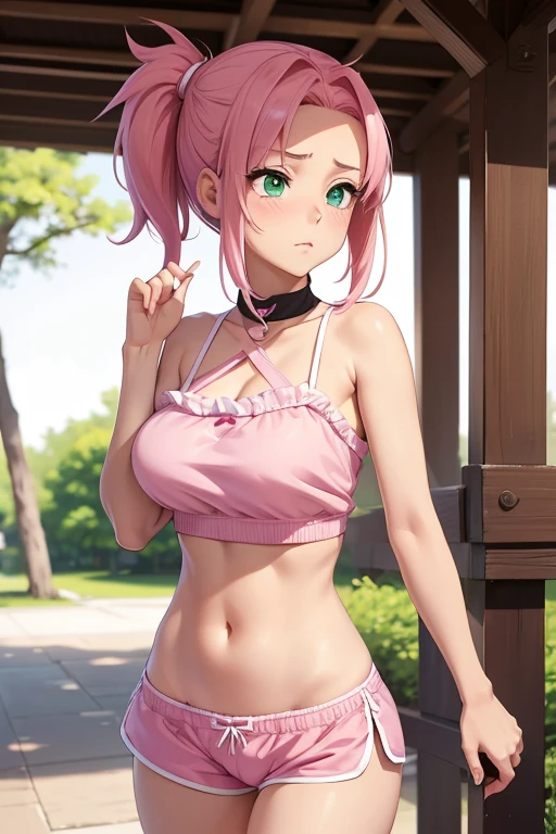 1 girl in public, ashamed, hits,  body, perfect slender body, *********** girl, pink hair in a side ponytail, sensual neckline, round breasts, micro shorts 1.4, ultra high definition, 4k image, green eyes, character close up camera, tight shorts, v panties, pink panties, low waist panties. Sakura Haruno.