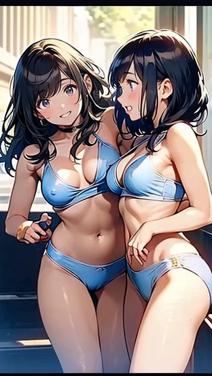 (High definition, Masterpiece, 8k, Anatomically accurate depiction), NSFW:1.3, ((2 girls:1.5)), cameltoe:1.2, hentai, (yuri:1.5), nipple rub, (Her and her girlfriend rubbing their nipples together:1.5), Beautiful firm breasts, Erect nipples,