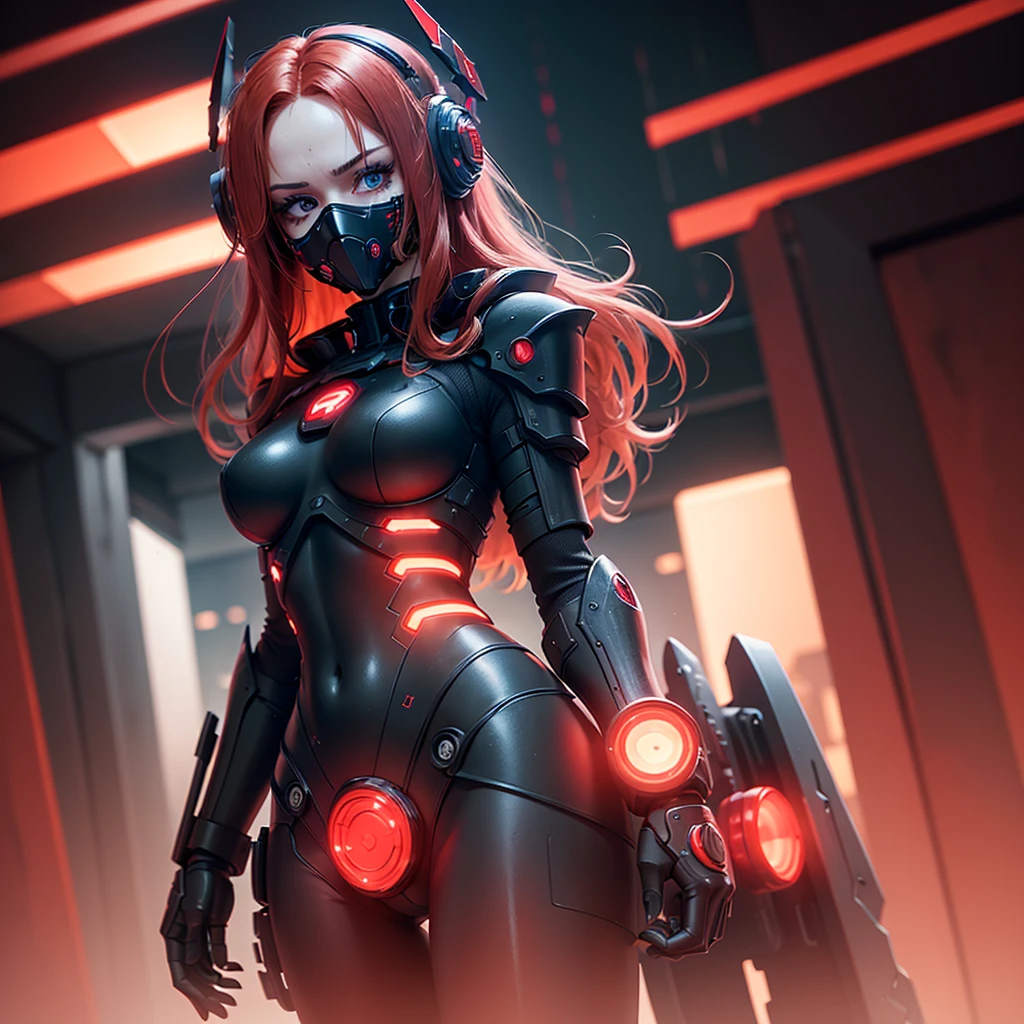 View from below, angle from below, flat horizon photo, Girl android , she has long red hair, she has a mask on her face, a respirator, a woman with sexy hips, half cyborg, nanotechnological modifications. Beautiful face, black metal cybernetic android robot body in black color, with red lines of indicators and diodes with many red parts, cybernetic armor with a red glow from under the joints and joints, she has blue eyes and stands tall , frame with a flat horizon, Anime Style Photography , Red Lasers, black background Cyberpunk style, the camera films Her from below, lower angle of photography, black background image of a night black city and red neon lights, red lamps, red lighting, red flashes in the background