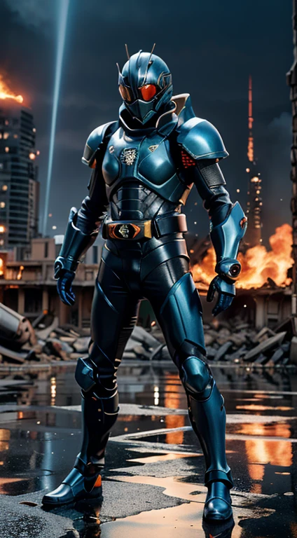 (kamen rider), (standing), kamen, goggles, full body detailed, detailed hands, good fingers, good hands, good legs, low hood, ((epic burning city)), ruins, floating, explosion, debris, some fire and glitter background, ultra hd, ultra realistic texture, (flare lens:1.2), (long shot:0.9), (blue armor:1.5), rider belt