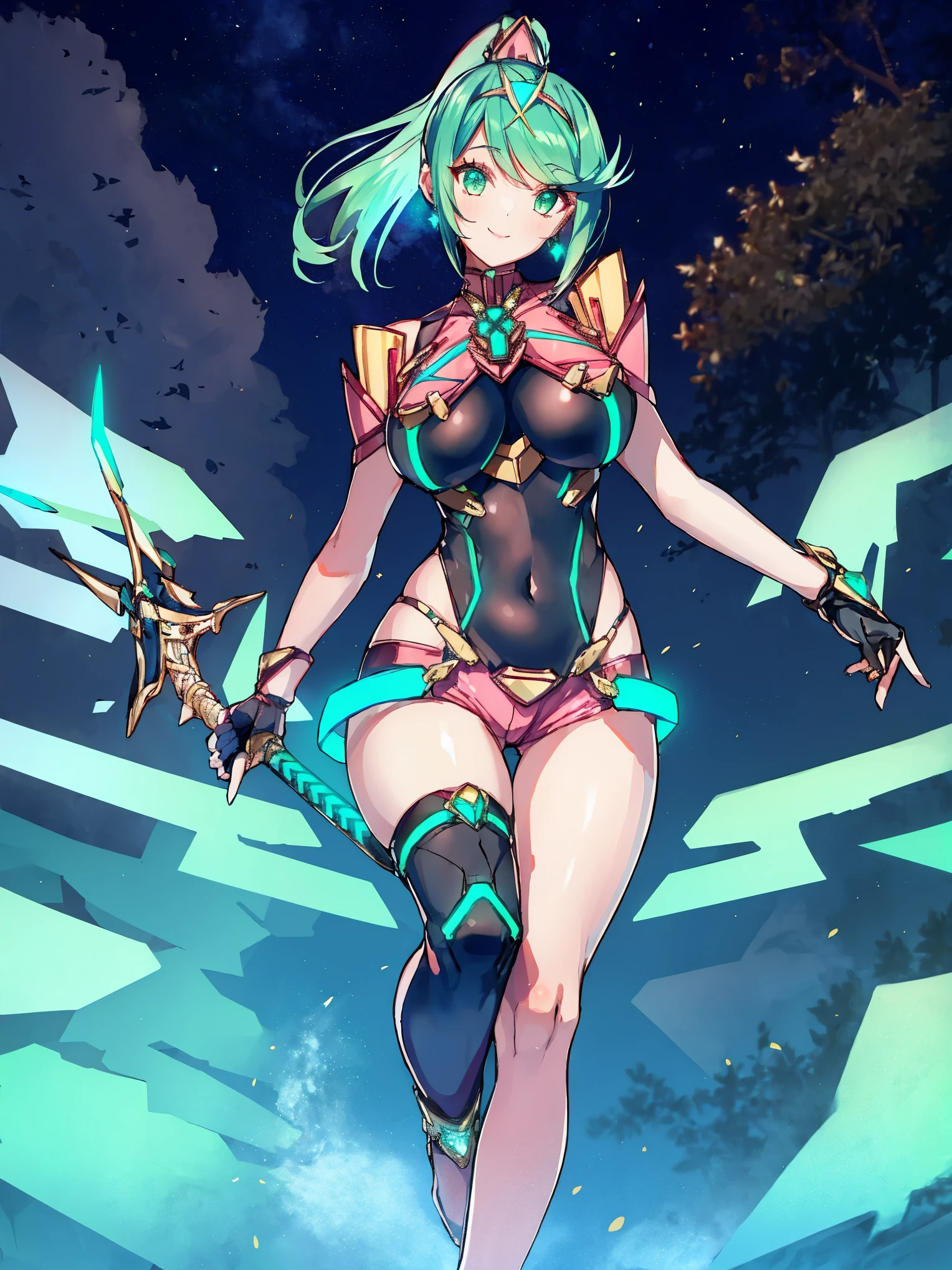 pyra \(xenoblade\), _1girl, , bangs, black gloves, breasts, green_eyes, shout, earrings, eyelashes, fingerless gloves, floating hair, , gem, gloves, hair ornament, headpiece, jewelry, gigantic_breasts, leaning back, swimsuit, neon trim, official art, pose, green hair, saitou masatsugu, short hair, sidelocks, skin tight, solo, swept bangs, thighhighs, tiara, fantasy_town_background, underbust, xenoblade chronicles \(series\), (xenoblade chronicles 2), (spread_legs:1.1), fire_effect,dynamic_pose,fighting,light_smile, (plump:1.1), ,huge_sword, hold_large_sword_hilt, covered_nipples, covered_pussy, fists,ponytail,beautiful_fingers,(solo:1.1), bare_shoulder,(shoulder_naked:1.2),, (very_short_shorts:1.3),(lise_leg:1.4)