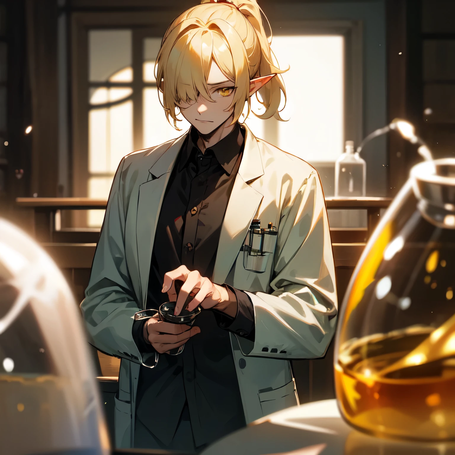 Young guy, Thin body, Scientist. white colored hair, Average length, tousled hair. Amber-colored eyes. Golden glow of the eyes. pale skin, Skin like a dead man's. sharp facial features, Without bristles. pronounced cheekbones. Conducts experiments in the laboratory. Dark Fantasy. Detailed background, Detailed image, Detail Eyes. deranged look. mockery. Yellow eyes. Evil Look. explosion.