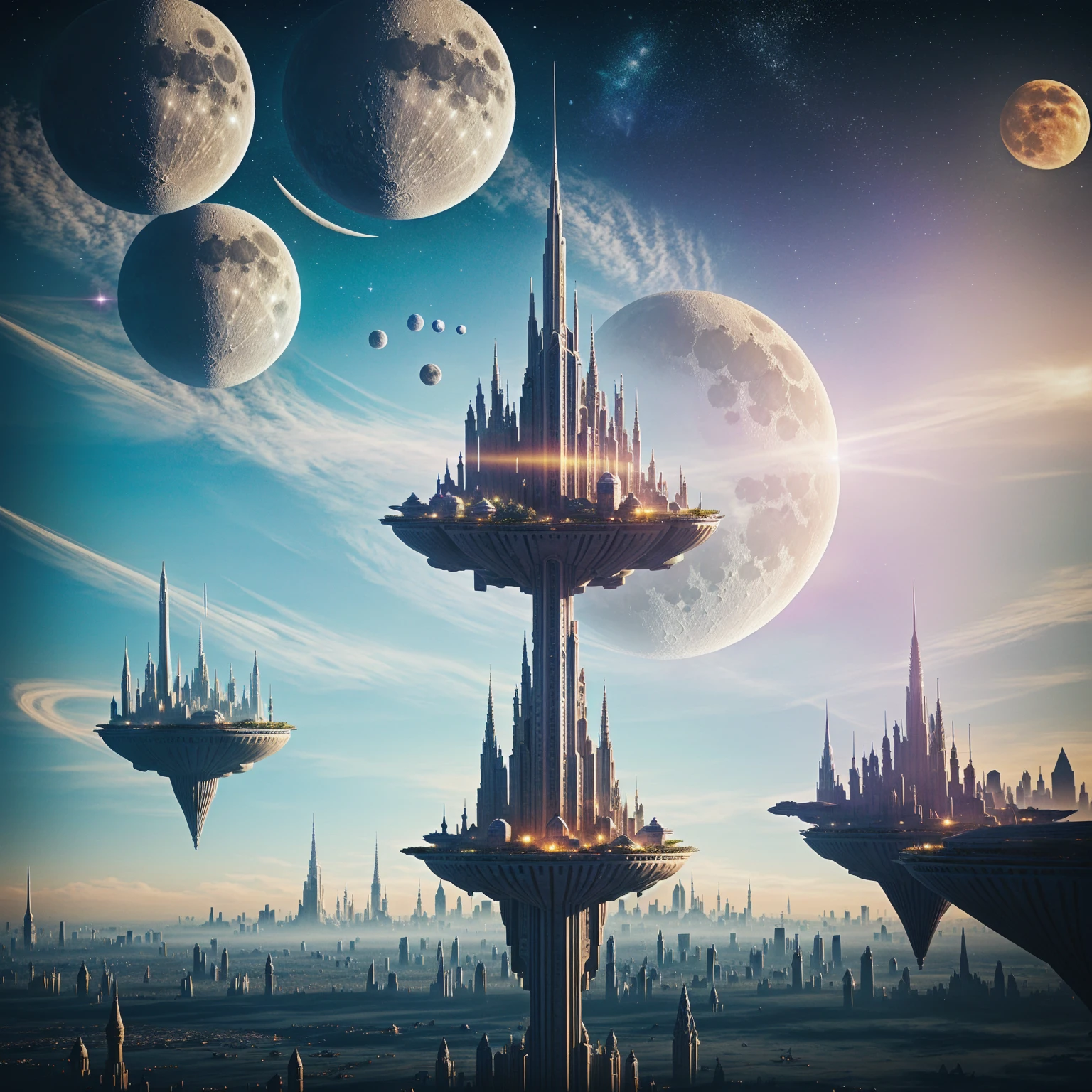 Arafed city in the sky with a moon and planets, ethereal starlit city at dusk, in a science fiction and fantasy city, fantasy cityscape, City full of life, Highly detailed 4k digital art, fantasy city, in front of a fantasy city, symmetrical fantasy landscape, ancient science fiction city, floating palace, fantasy city background, surreal alien kingdom, floating city in the sky.