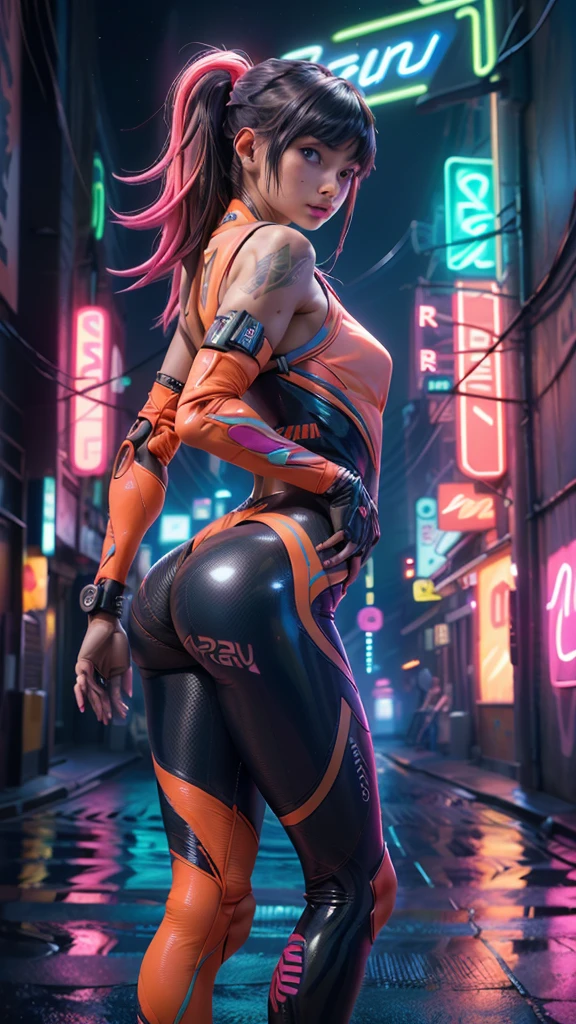 (rear view, backside view),(The best quality,A high resolution,Ultra - detailed,actual)、mirai, cyberpunk、big glutes、Kneel down、Electronic visor attached to the face of a with emphasis on the buttockinifalda mostrando bragas Blanco:1.4) ,mirai Red latex body,Cyberpunk mode、pose sexy、(Wear yellow leggings on the lower body、breast enlargement、(background Neon lights in the dark city at night:1.4),unreal engine:1.4,HD,La Best Quality:1.4, photorealistic:1.4, skin texture:1.4, masterpiece:1.8,masterpiece, Best Quality,(beautiful blue eyes ),( neon pink cyborg),(Perfect anatomy :1.4 ),ciborg mirai bodysuit white,(mirai:1.4),