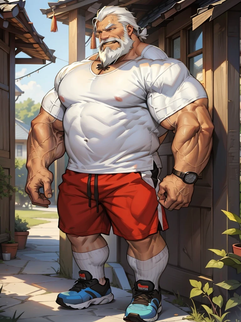 a potrait, half body, semirelistic:1.2, masterpiece, detailed face, muscular old man in front house, old man, thick arm, huge arm, bearded. white hair and beard, bearded, muscular, pectoral, wide pectoral, realistic, 8k, masterpiece, (wearing shorts and white shirt:1.3, shoes), smile