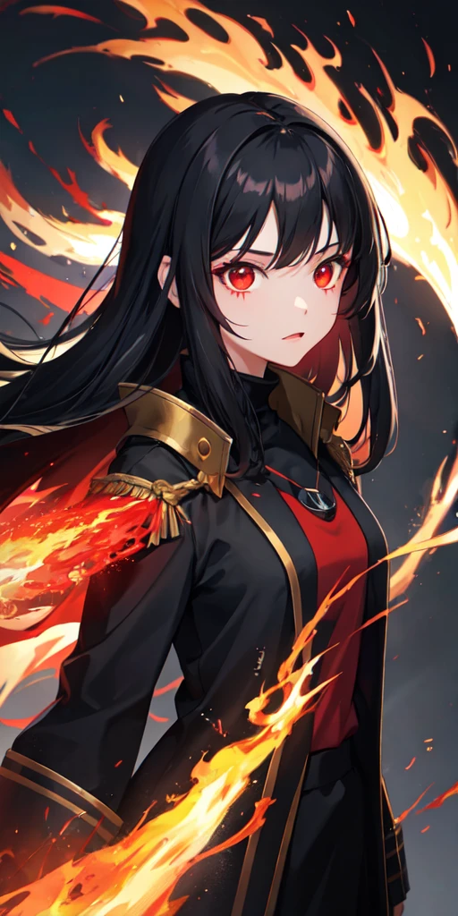 1girl, black hair, red eyes, fire witch, blood, light particles, light rays, wallpaper, high contrast, colorful,