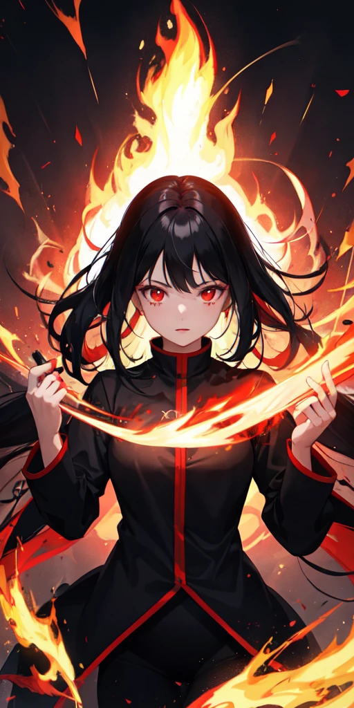1girl, black hair, red eyes, fire witch, blood, light particles, light rays, wallpaper, high contrast, colorful,