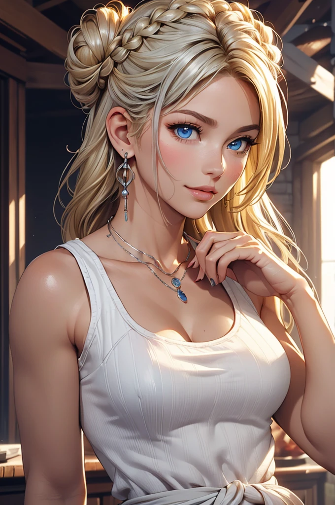 ((ultra quality)), ((tmasterpiece)), gnome girl, Short stature, ((blonde woman, hairlong, braided)), (silver ear rings), (silver necklace around the neck), (Beautiful cute face), (beautiful female lips), Charming, ((sexy facial expression)), is looking at the camera, eyes are slightly closed, (Skin color: white), Body glare, ((detailed beautiful female eyes)), ((dark blue eyes)), (juicy female lips), (beautiful female hands), (A bit full figure, bun), ((perfect female figure)), perfect female body, Beautiful waist, Gorgeous hips, Beautiful medium breasts, ((Subtle and beautiful)), seductively worth it (Rear view) (close-up of the face), (wearing blackface jeans, white tanktop) background: on the threshold of the house, Hot day, ((Depth of field)), ((high quality clear image)), (crisp details), ((higly detailed)), Realistic, Professional Photo Session, ((Clear Focus)), the anime
