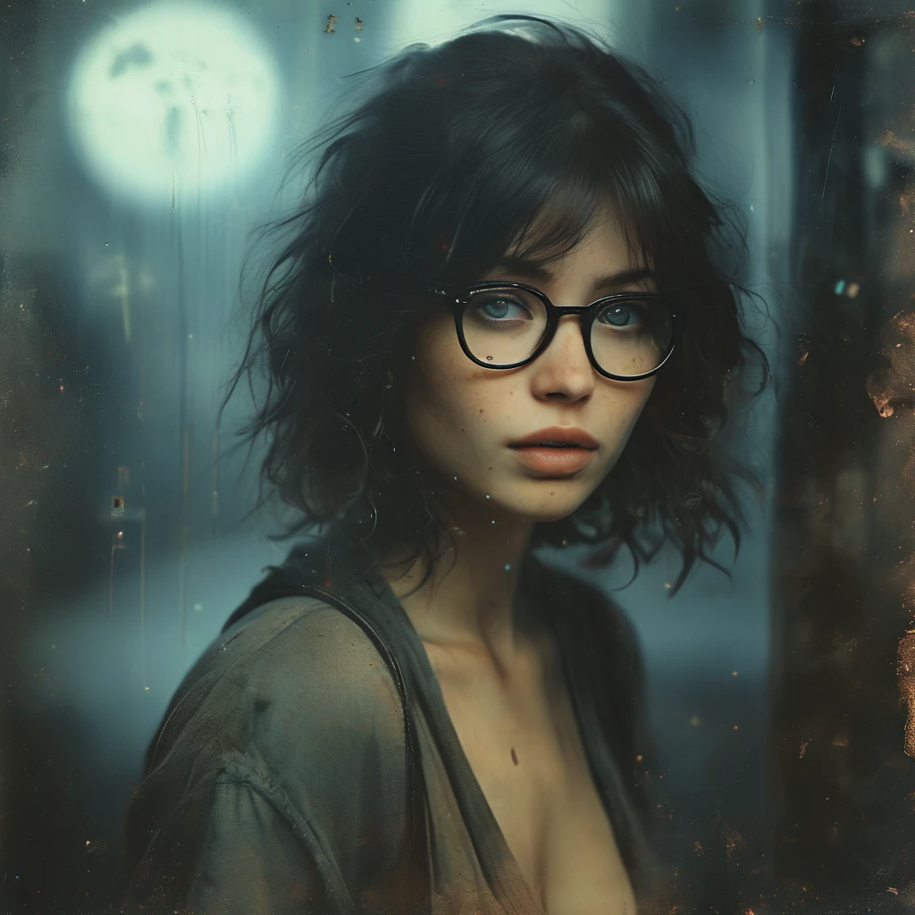 Young beautiful lady, 32 years old, clumsy, half body, acting cute, runny nose, laughing, admiral eyes, blushing, glasses, playful, naughty ,messy long hair with bangs, medium perky breast, wearing cute oversized t shirt, shoulder, spiral eyes, eye bag, eye wide open, 8k, MASTERPIECE by Jeremy Mann, sharp, masterpiece, best quality, Photorealistic, ultra-high resolution, photographic light, illustration by MSchiffer, Hyper detailed, score_9,score_7_up,score_8_up,sexy girl,1girl,Expressiveh,dark theme,concept art