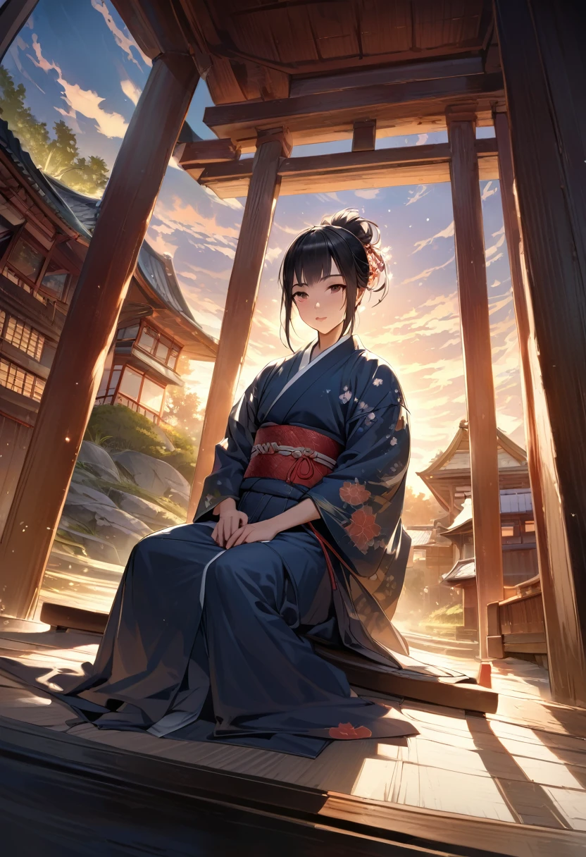 absurdres, ultra detailed, beautiful lighting, focus solo boy, masterpiece, Fisheye perspective、looking at the camera、kimono、Japanese style、samurai、Sophisticated Background、Attractive composition、Realistic feel、Meiji period
