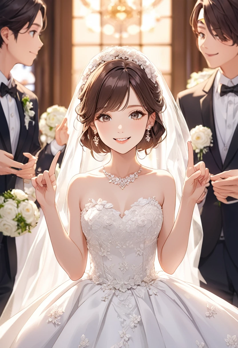 woman,bride,Beauty,white,earrings,Brown Hair,brideヘア,bride,smile,Wedding dress,Are standing,Extend your middle and index fingers、Hand shape with other fingers bent,20th Generation,reception,close-up head,Still life