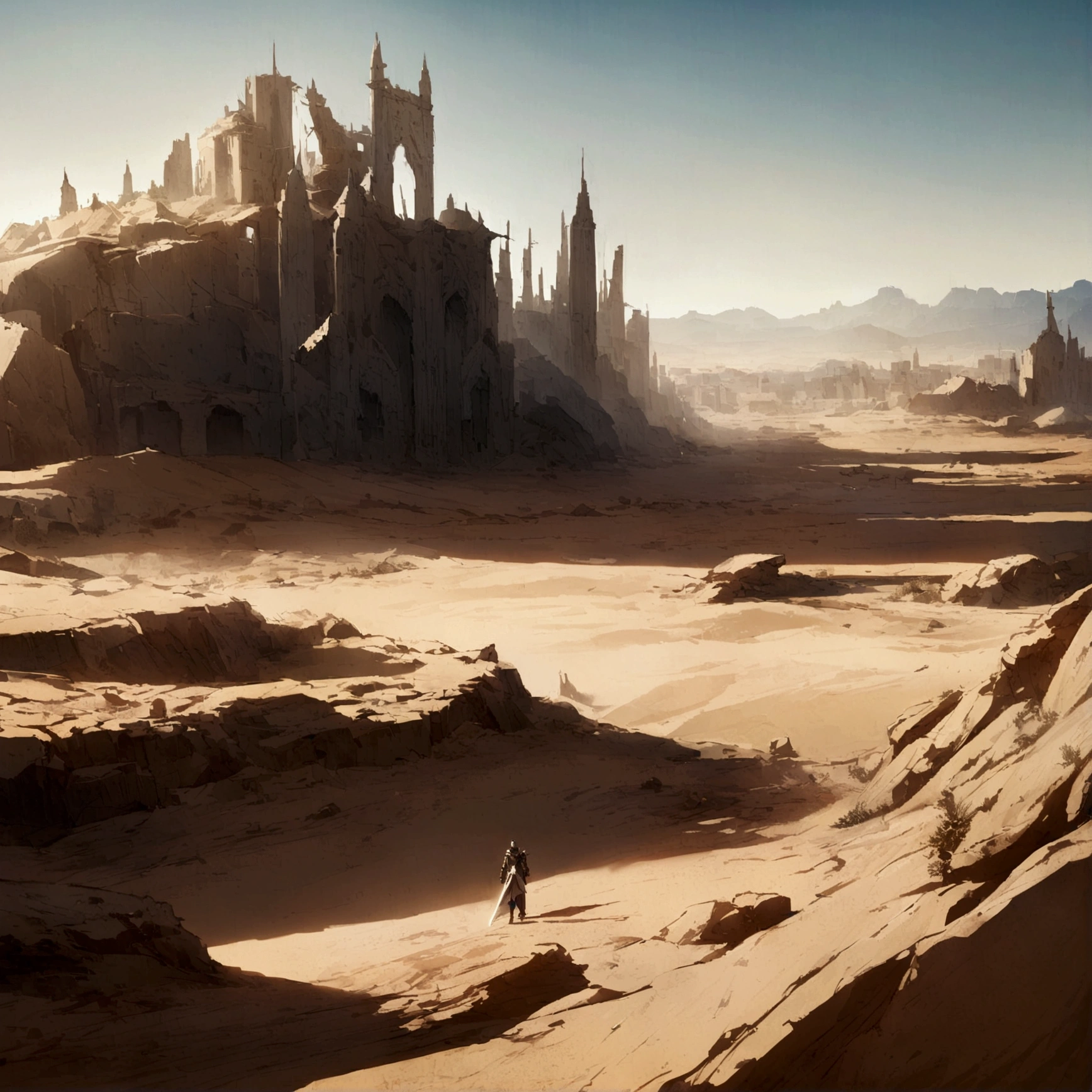 A fighter with armor raising his sword alone in the middle of nowhere with the city destroyed desert scene