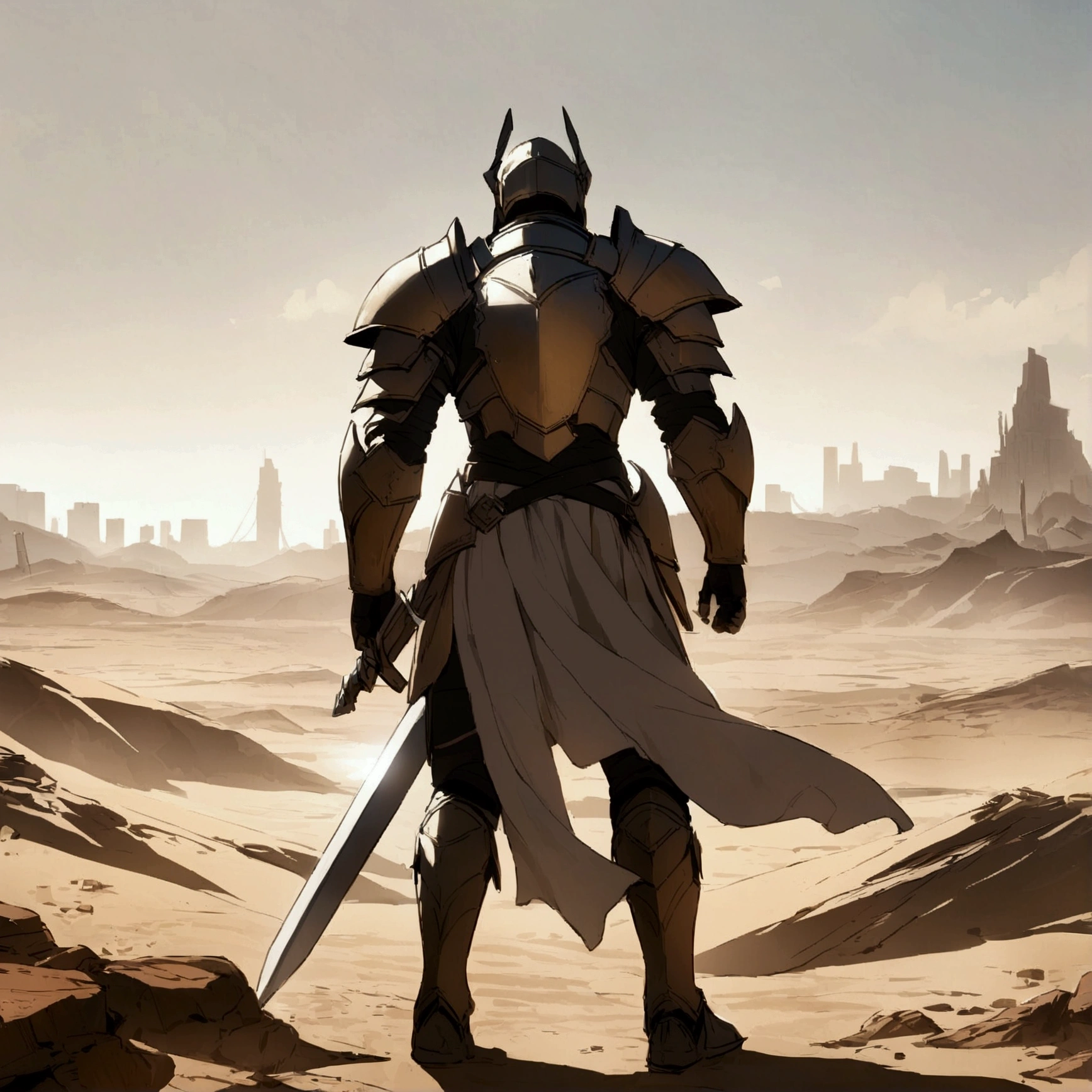 A fighter with armor raising his sword alone in the middle of nowhere with the city destroyed desert scene 
