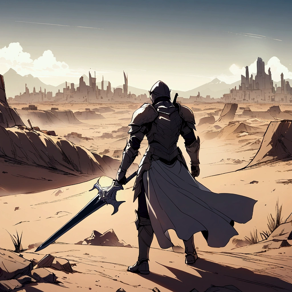 A fighter with armor raising his sword alone in the middle of nowhere with the city destroyed desert scene