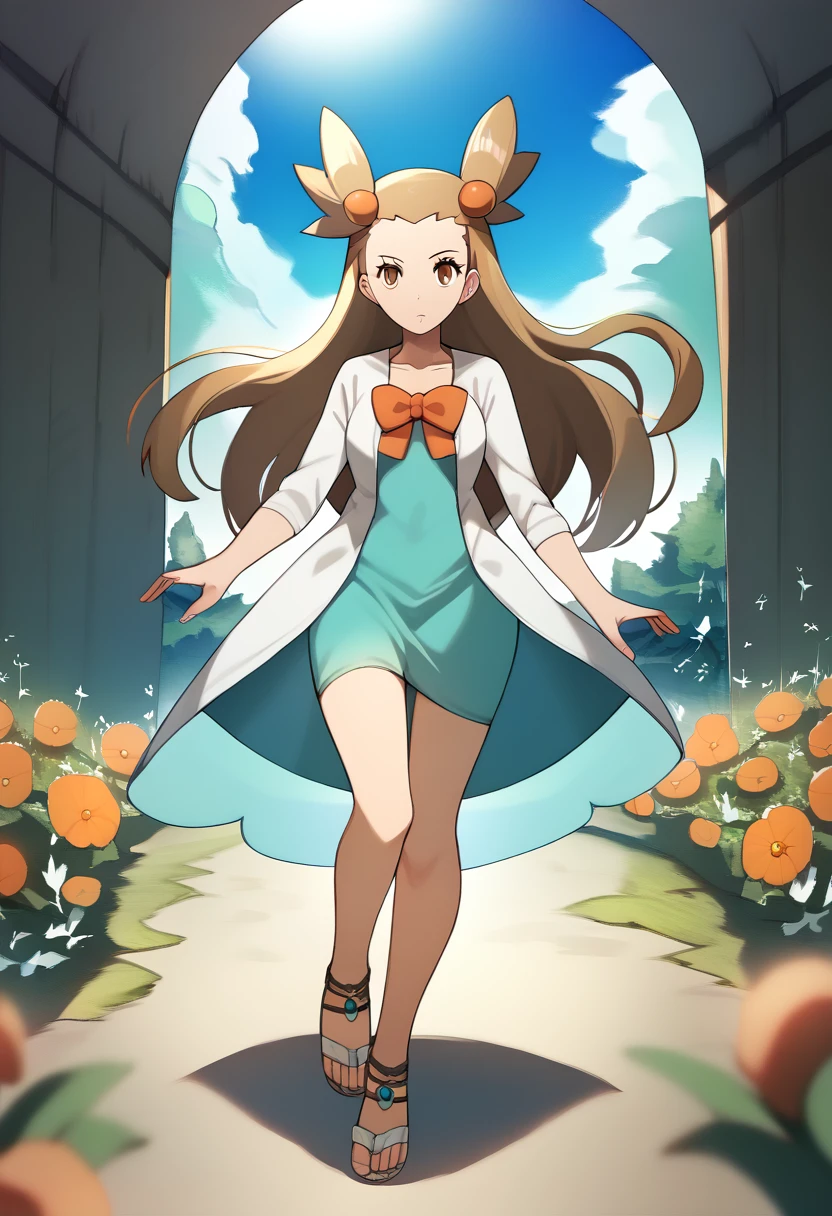 score_9, score_8_up, 1girl, good quality, masterpiece, mature female, ultradetail, anime, source_anime, aesthetic, (solo) PokeJasmine, long hair, sandals, short white cardigan, collarbone, orange bowtie, sleeves past elbows, (very short dress), aqua dress, looking at viewer, vibrant color, flowers, outside,dynamic pose,