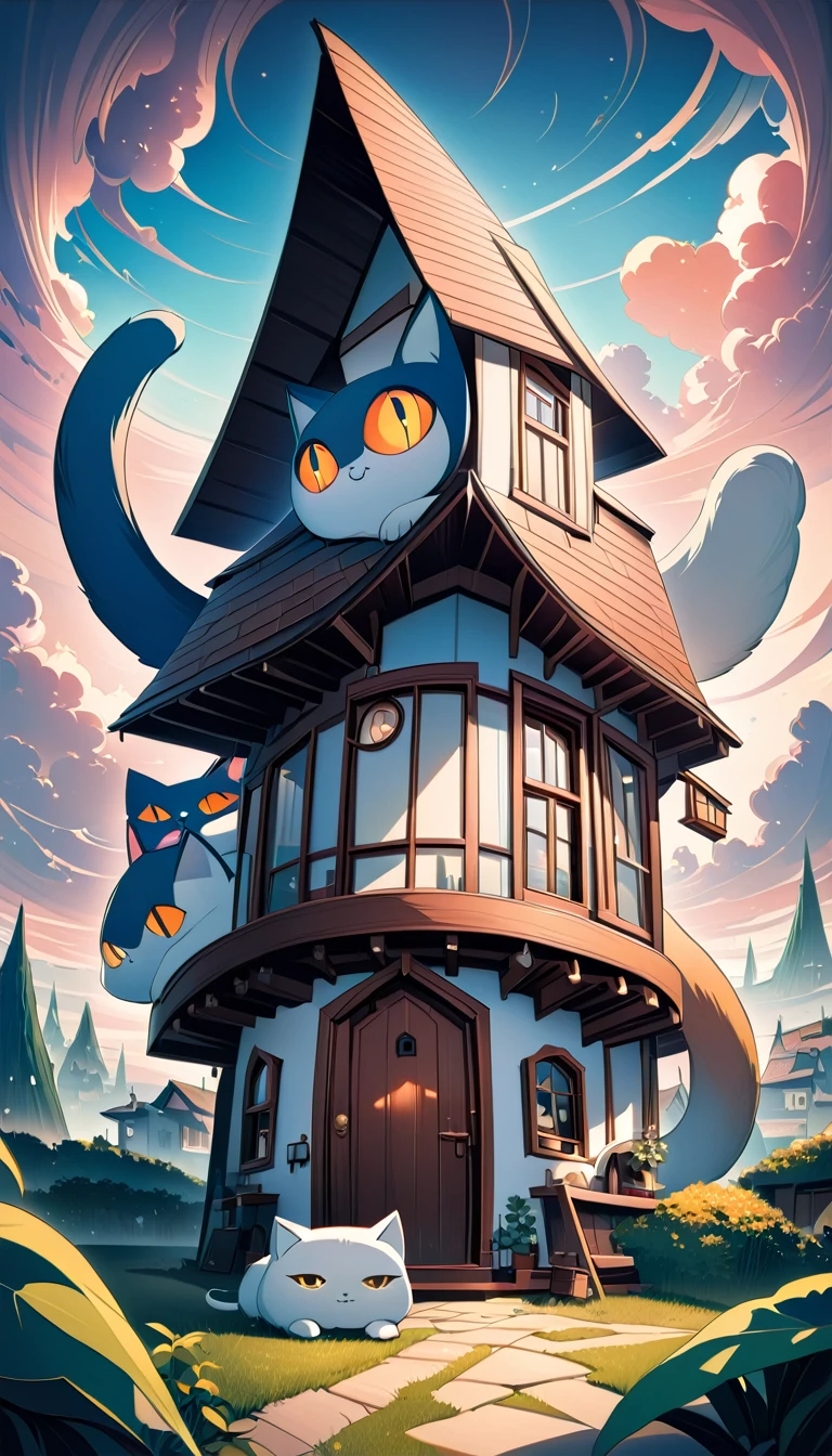 a house in the shape of a cat, a house that imitates the shape of a cat, fantasy, surrealism, anime, cute, lovely,