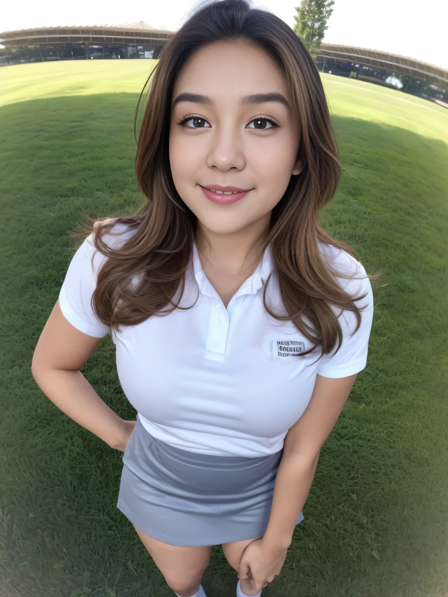 1girl, solo, 19 years old, (uniform), detailed Metropolitan city at the background, above head space, thick breasts, fit body, Sixpack abs, smooth realistic skin, tight white shirt, grey blue short skirt, looking at the audience, high angle shot,(8k, RAW photo, best quality, masterpiece: 1.3), (realistic, realistic: 1.37), ultra-high resolution, cowboy shot