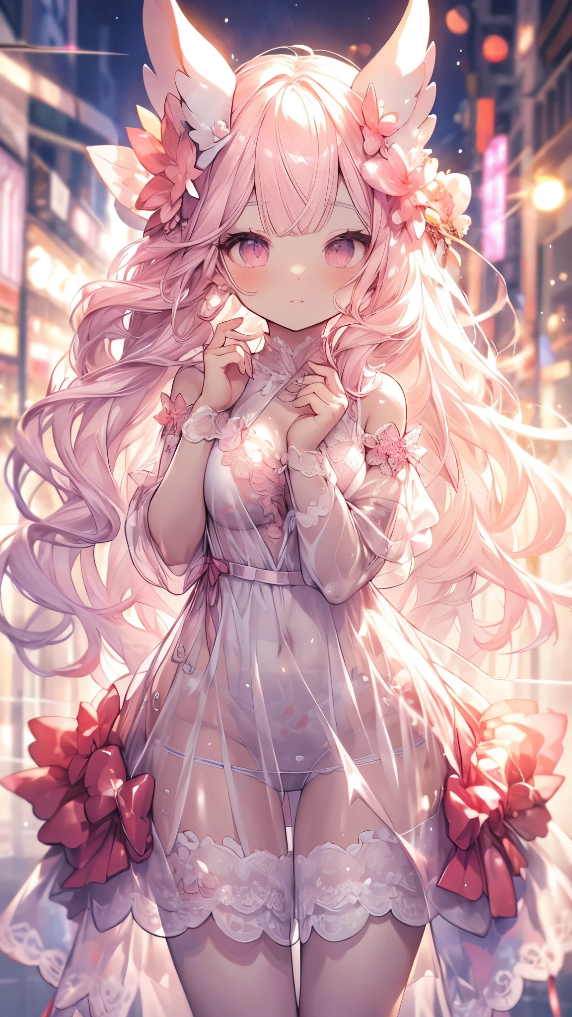 underwear, cheeky, too sexy, beast, Transparent Pajamas, Transparent dream dress, Translucent Dress, Wear transparent pajamas, Full length view,Transparent flowing robe, Luxurious long see-through dress、Pink Areola