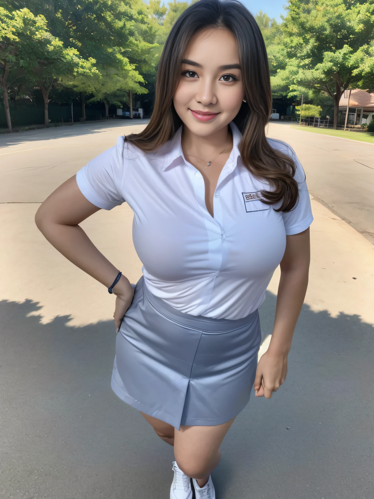 1girl, solo, (uniform), standing, outdoors, (ultra wide angle shot: 1.4), beautiful scenery, detailed face, seductive smile, detailed eyes, thick breasts, smooth skin, tight white shirt, grey blue short skirt, looking at the audience, low angle shot,(8k, RAW photo, best quality, masterpiece: 1.2), (realistic, realistic: 1.37), ultra-high resolution