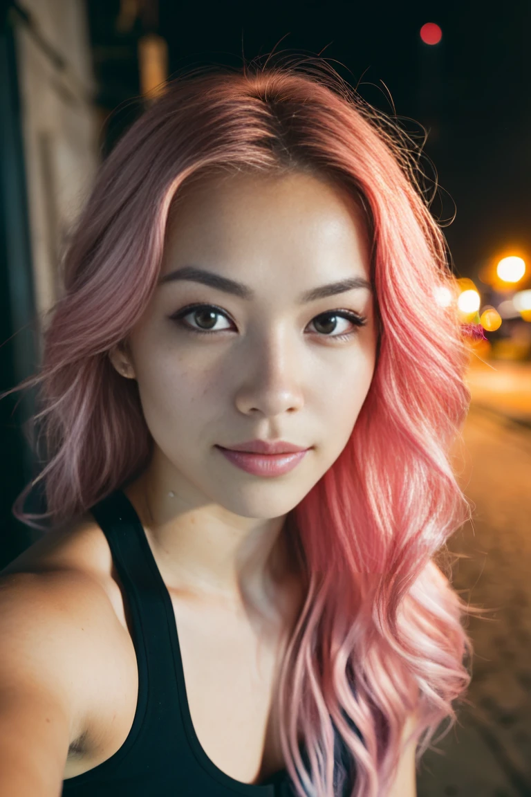 arafed woman with pink hair sitting on the beach, flowing pink hair, with pink hair, photo of a beautiful woman, long flowing pink hair, pink golden hour, curly pink hair, beautiful young asian woman, beautiful asian woman, wild ginger hair, pink wispy hair, light pink hair, a young asian woman, an asian woman, infp young woman, (taking selfies, overhead view: 1.4), (straight half of the torso: 1.4), Portrait photo of a 24-year-old french girl in RAW UHD format (Black-eyed woman) Walk down the dark alley, night city, Details (textures! , Hair! , glistering, Color!! , imperfections: 1.1), highly detailed glossy eyes (looking at the camera), DSLR Lighting, SLR camera, Ultra-Quality, sharpness, Depth of field, Film grain (Downtown), Fujifilm XT3, Crystal clear, Frame Center, beatiful face, sharp-focus, street lamp, neon lighting, bokeh (dimly lit), night time, (night sky), detailed skin pores, oilly skin, suntan, Complex eye details, holding a big black mug