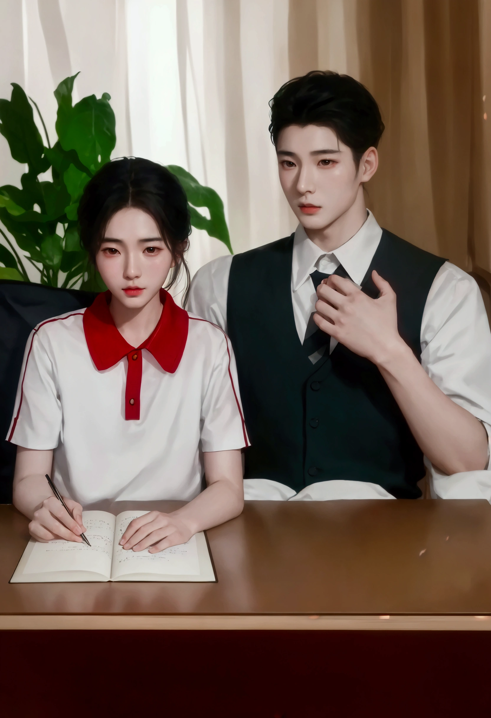 There was a man and a woman sitting at a writing desk., Inspired by Ma Yuanyu, Inspired by Bian Shoumin, By Yang J, studying, realistic. Cheng Yi, Inspiration from Zhang Han, realistic artstyle, high quality fan art, daily life, fan art, Inspiration from Huang Gongguang, trying to study, realistic picture, Realistic art style