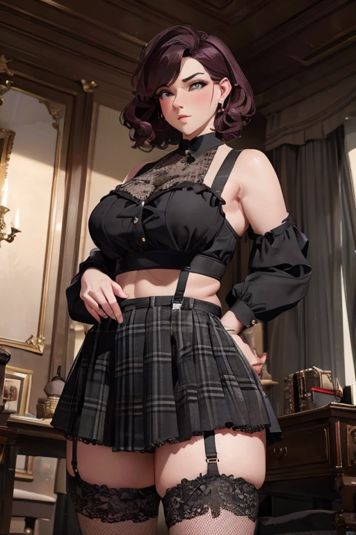 a couple, a chubby 1.50m tall woman with curly  short hair wearing a black lace bralette, a pleated green and black plaid mini skirt, fishnet stockings with garters, a thin 1.90m tall man wearing a burgundy shirt, leather suspenders, and black pants, the couple in a sexy and elegant pose, highly detailed, hyper realistic, cinematic lighting, 8k, photorealistic, intricate details, masterpiece, Dramatic shadows.