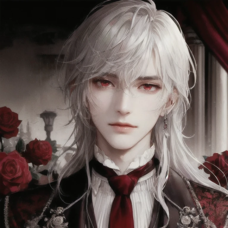 fixed predatory red eyes, very white hair, mature male, defined jawline