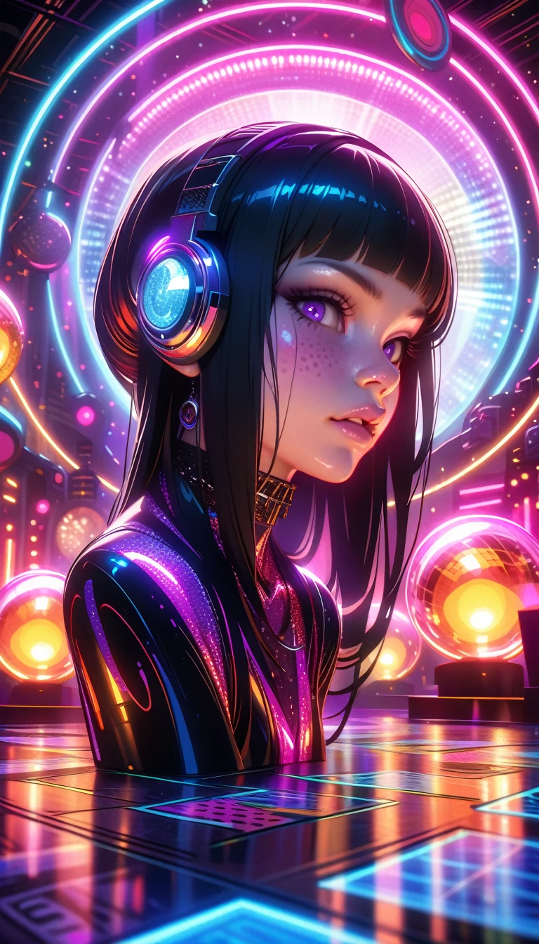 ((best quality)) , ((masterpiece)) , (detailed)，Jean-Joseph Benjamin-Constant, Glowwave, Photograph, Jake Parker, Alan Davis, Hipster Art, Cleancore, Art Deco Girl, Monstrous and Boring, Swirling, Metalcore, Film Washi, portrait art by Stanisław Ignacy Witkiewicz, detailed, intricate, background inspired, luxury, pure,(((Disco-themed Complex background, Vibrant, groovy, retro 70s style, shiny disco balls, neon lights, dance floor, highly detailed)))
