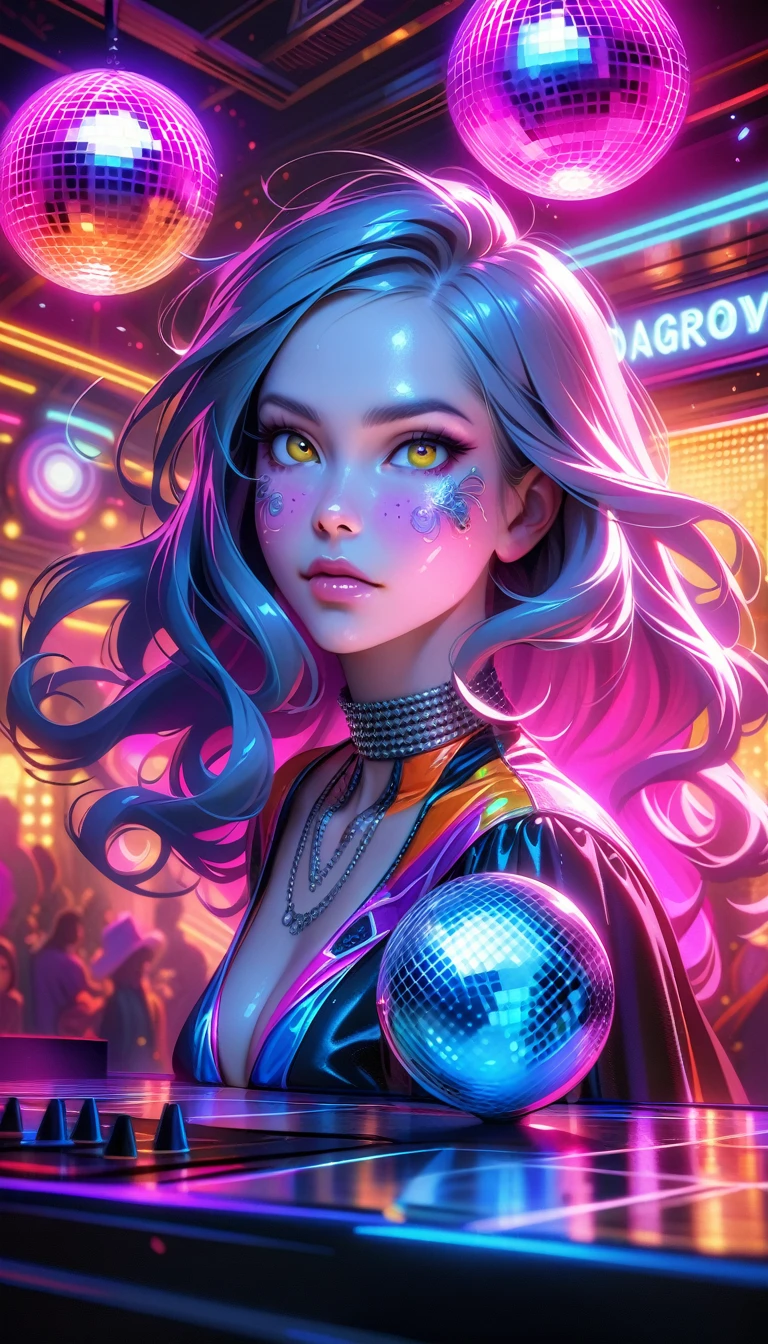 ((best quality)) , ((masterpiece)) , (detailed),Jean-Joseph Benjamin-Constant, Glowwave, Photograph, Jake Parker, Alan Davis, Hipster Art, Cleancore, Art Deco Girl, Monstrous and Boring, Swirling, Metalcore, Film Washi, portrait art by Stanisław Ignacy Witkiewicz, detailed, intricate, background inspired, luxury, pure,(((Disco-themed Complex background, Vibrant, groovy, retro 70s style, shiny disco balls, neon lights, dance floor, highly detailed)))