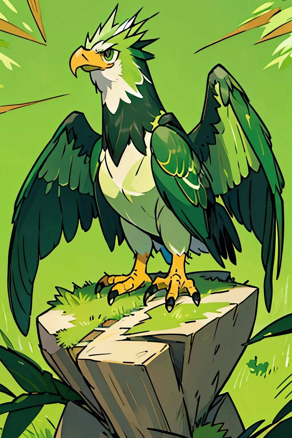 a cute green chibi eagle, extremely detailed, highly detailed, soft green eagle, cute soft green eagle, sitting on grass, cute green eagle, beautiful detailed green eagle, detailed green eagle, adorable green eagle, green chibi eagle, green eagle. cenario em uma floresta verde
