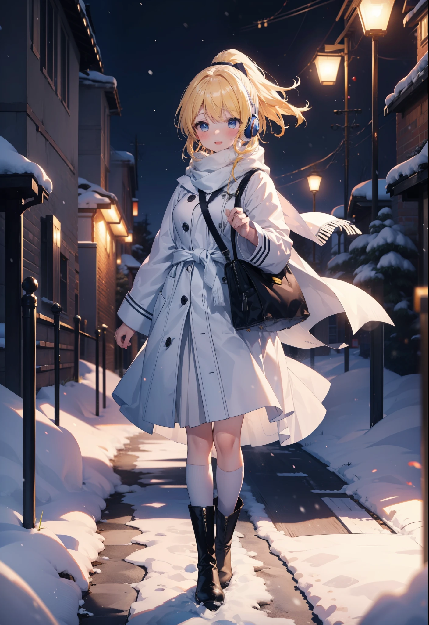 Eliase, catalyst, Yellow Hair, blue eyes, Hair Ribbon,ponytail,Earmuffs,smile,blush,Open your mouth,White Breath,White scarf,Light blue long coat,White long skirt,Black pantyhose,short boots,Walking,snowが降っている,snowが積もっている,snow,snow,snow,night,whole bodyがイラストに入るように,
break looking at viewer,whole body,
break outdoors,Residential Street,
break (masterpiece:1.2), Highest quality, High resolution, unity 8k wallpaper, (figure:0.8), (Beautiful attention to detail:1.6), Highly detailed face, Perfect lighting, Highly detailed CG, (Perfect hands, Perfect Anatomy),