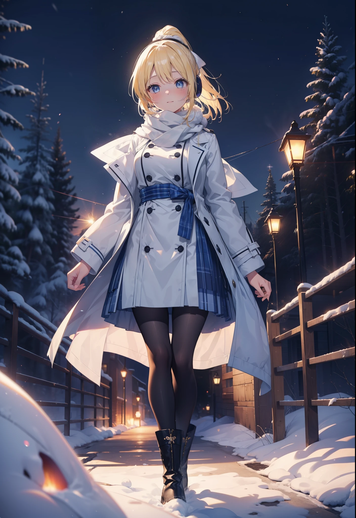 Eliase, catalyst, Yellow Hair, blue eyes, Hair Ribbon,ponytail,Earmuffs,smile,blush,Open your mouth,White Breath,White scarf,Light blue long coat,White long skirt,Black pantyhose,short boots,Walking,snowが降っている,snowが積もっている,snow,snow,snow,night,whole bodyがイラストに入るように,
break looking at viewer,whole body,
break outdoors,Residential Street,
break (masterpiece:1.2), Highest quality, High resolution, unity 8k wallpaper, (figure:0.8), (Beautiful attention to detail:1.6), Highly detailed face, Perfect lighting, Highly detailed CG, (Perfect hands, Perfect Anatomy),