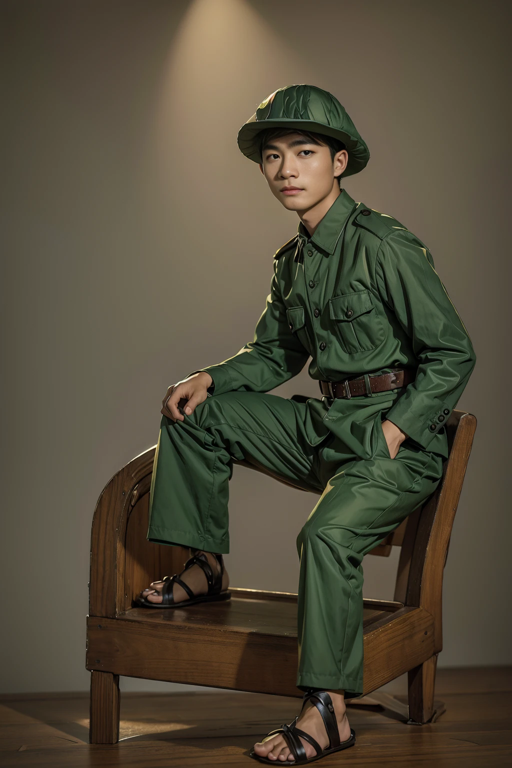 Highly realistic photo, ((masterpiece), (best quality), (raw photo), (photorealistic:1.4),A young vietnamese man is seated on a wooden bench, wearing a light green uniform with a matching hat. The uniform has buttoned pockets on the chest and a black belt around the waist. He is also wearing black sandals. The background is neutral, drawing attention to his attire and relaxed posture. , photo taken by Sony A7IV
