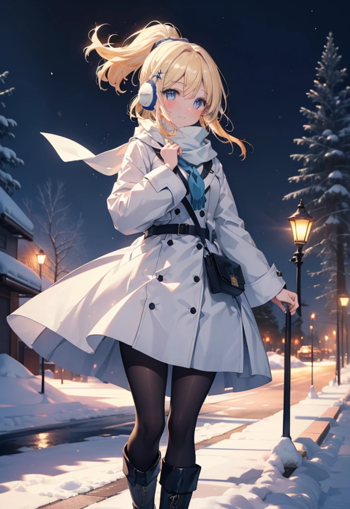 Eliase, catalyst, Yellow Hair, blue eyes, Hair Ribbon,ponytail,Earmuffs,smile,blush,Open your mouth,White Breath,White scarf,Light blue long coat,White long skirt,Black pantyhose,short boots,Walking,snowが降っている,snowが積もっている,snow,snow,snow,night,whole bodyがイラストに入るように,
break looking at viewer,whole body,
break outdoors,Residential Street,
break (masterpiece:1.2), Highest quality, High resolution, unity 8k wallpaper, (figure:0.8), (Beautiful attention to detail:1.6), Highly detailed face, Perfect lighting, Highly detailed CG, (Perfect hands, Perfect Anatomy),