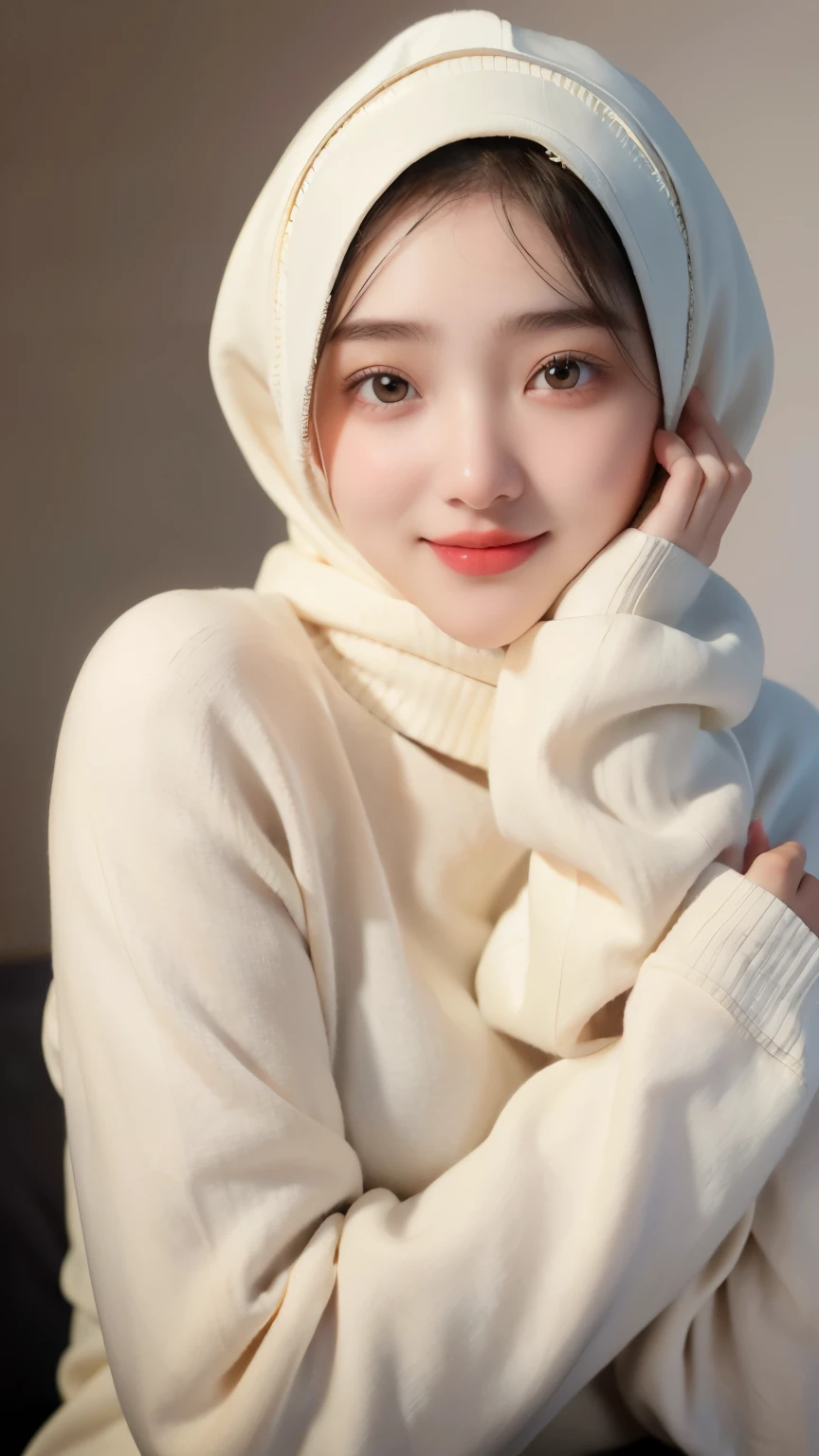 a 20 yo woman,hijab, soft cream sweater, dark theme, soothing tones, muted colors, high contrast, (natural skin texture, hyperrealism, soft light, sharp), simple background, smile, natural beauty