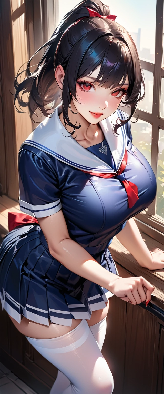 Highest quality、High resolution、Detailed Background、Beautiful face in every detail、age beauty、Detailed red eyes、Realistic、Perfect body line、Black Hair、ponytail、well-groomed eyebrows、Cute Lip Makeup、Calm atmosphere、A short-sleeved shiny dark sailor suit、White sailor collar、Navy blue pleated skirt、Red ribbon、White Stockings、Standing by the window of a classroom、Look at me with a happy expression、smile、Cute gestures、so beautiful,sexi,Big breasts