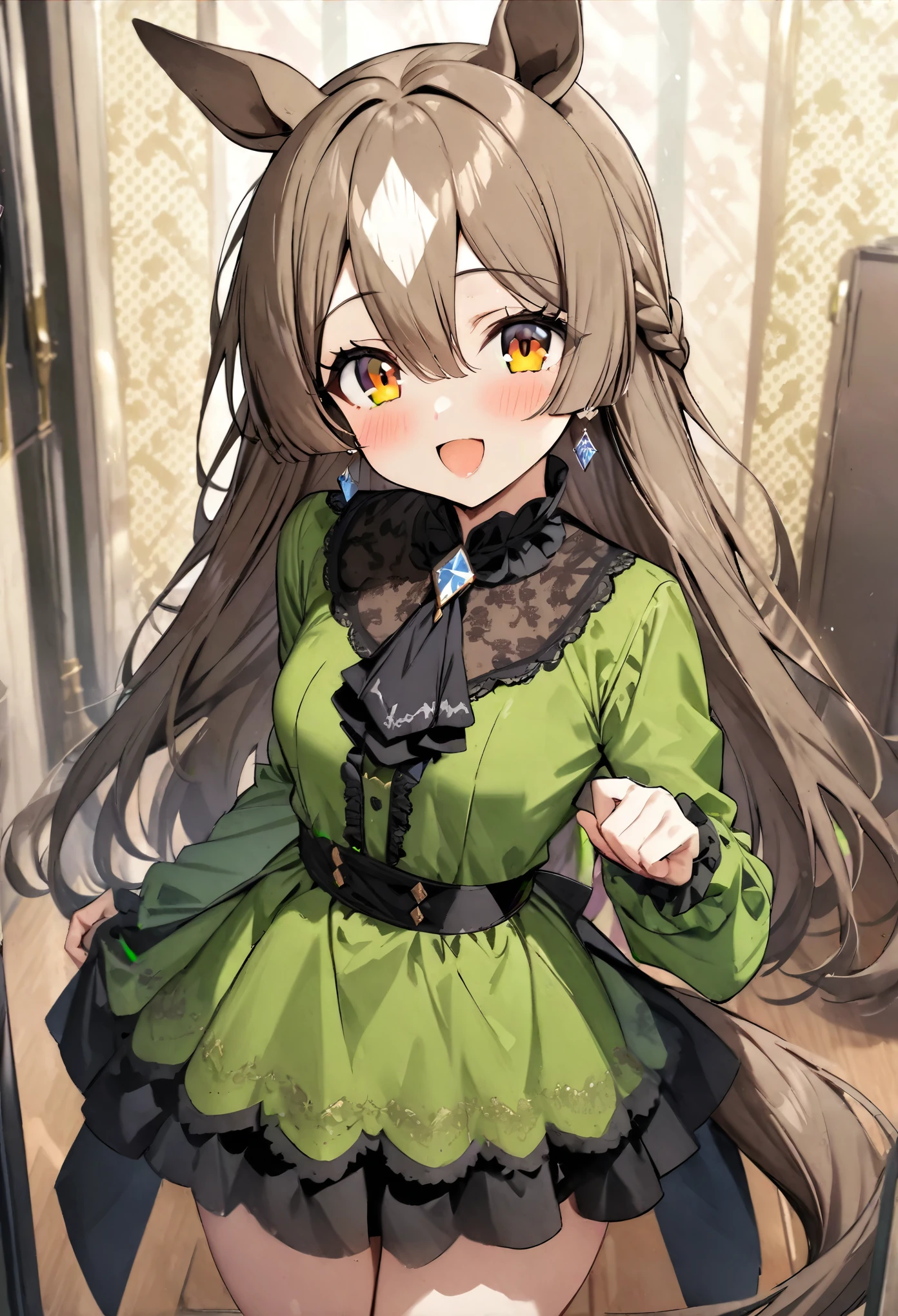 masterpiece, Highest quality, High resolution, Satono Diamond,smile, Patterned Background, View your viewers, (large 胸:0.8), Asato, Long Hair, Half Up, Braiding, Hair between the eyes, Animal ears, earrings, Horse tail, Small breasts, Frills, Black Ascot, Green Dress, (Sleeves are longer than the wrist:1.2), Black knee socks, (Open your mouth:0.6),