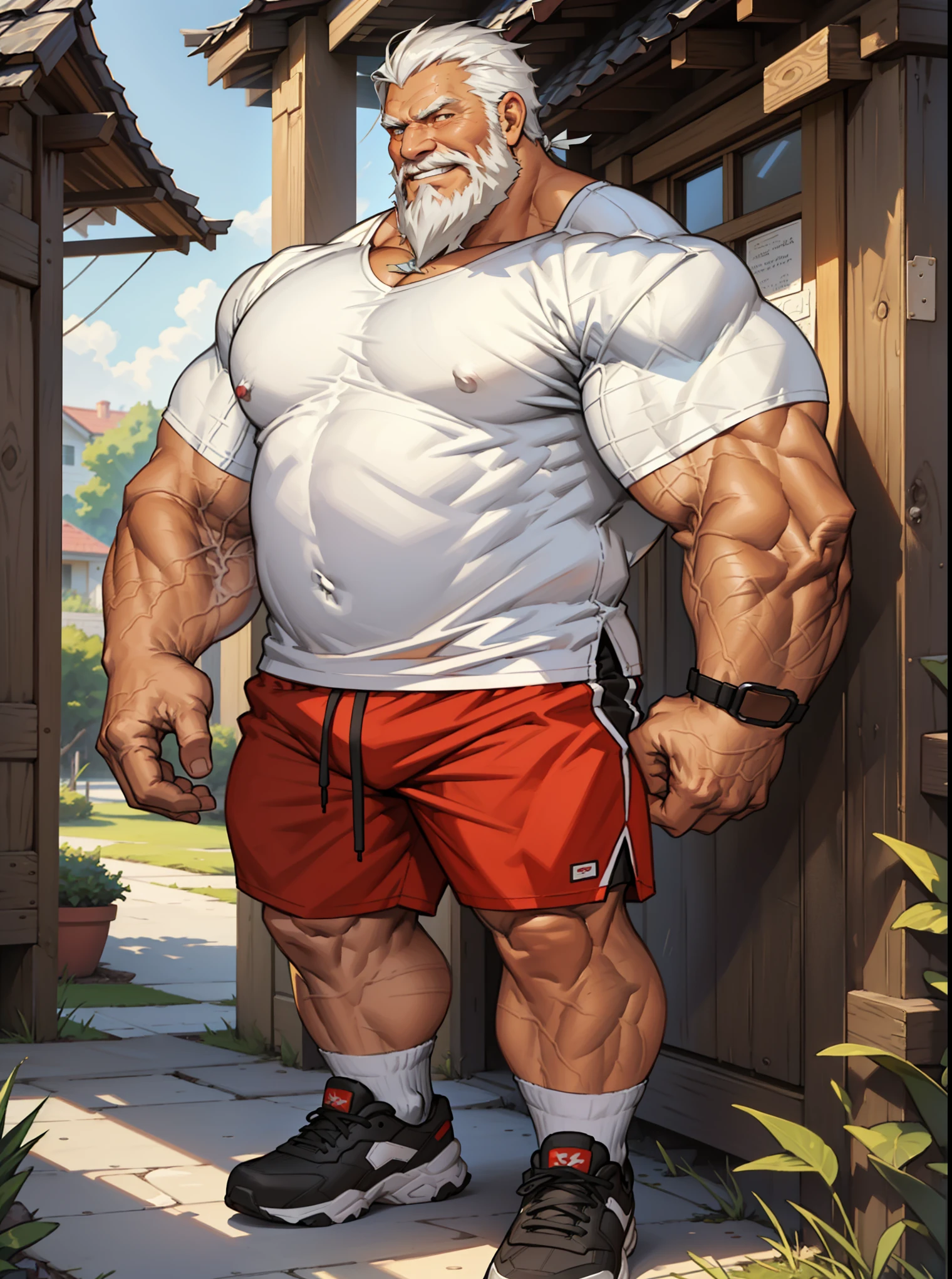 a potrait, half body, semirelistic:1.2, masterpiece, detailed face, muscular old man in front house, old man, thick arm, huge arm, bearded. white hair and beard, bearded, muscular, pectoral, wide pectoral, realistic, 8k, masterpiece, (wearing shorts and white shirt:1.3, shoes), smile