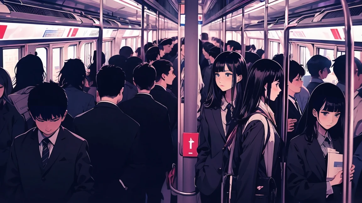 A crowded train in Japan. A woman commuting to work is standing, holding on to a strap. There are many female students and men and women in suits standing around her. Most of them are taller than her. Skyscrapers can be seen from the train window.