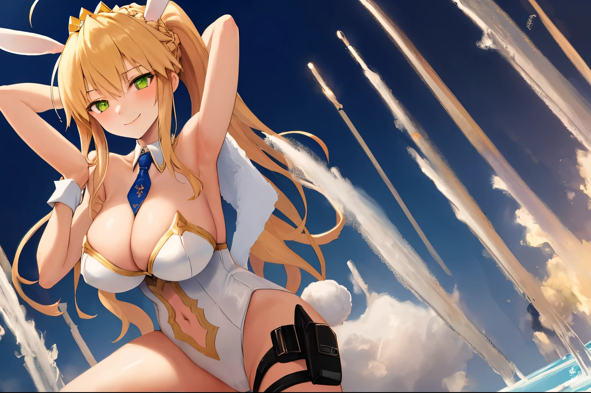 masterpiece, best quality, absurdres, soft lighting, looking at viewer, solo, light_smile, shy,
1girl, ahoge, rabbit ears, bunny, artoria pendragon \(swimsuit ruler\) \(fate\), large breastsde hair, green eyes, french braid, pony tail
bare shoulders, large breasts , clealothing curist cuffs, detached collar, navel cutout, feather boa,
white leotard, blue necktie, blue pantyhose, single thigh strapds_on_head,put_hands_up,
squat,gorgeous_fountain_landscape_background,solo,rabbit_posing,large_thighs,Extend_fingers,palm,open_legs,.solo